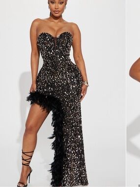 Black Sequin Gown with Feather Trim